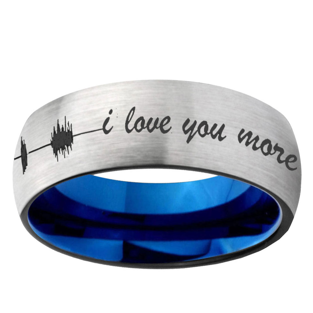 6MM Sound Wave, I love you more Dome Gray And Blue Tungsten Carbide Men's Wedding Ring