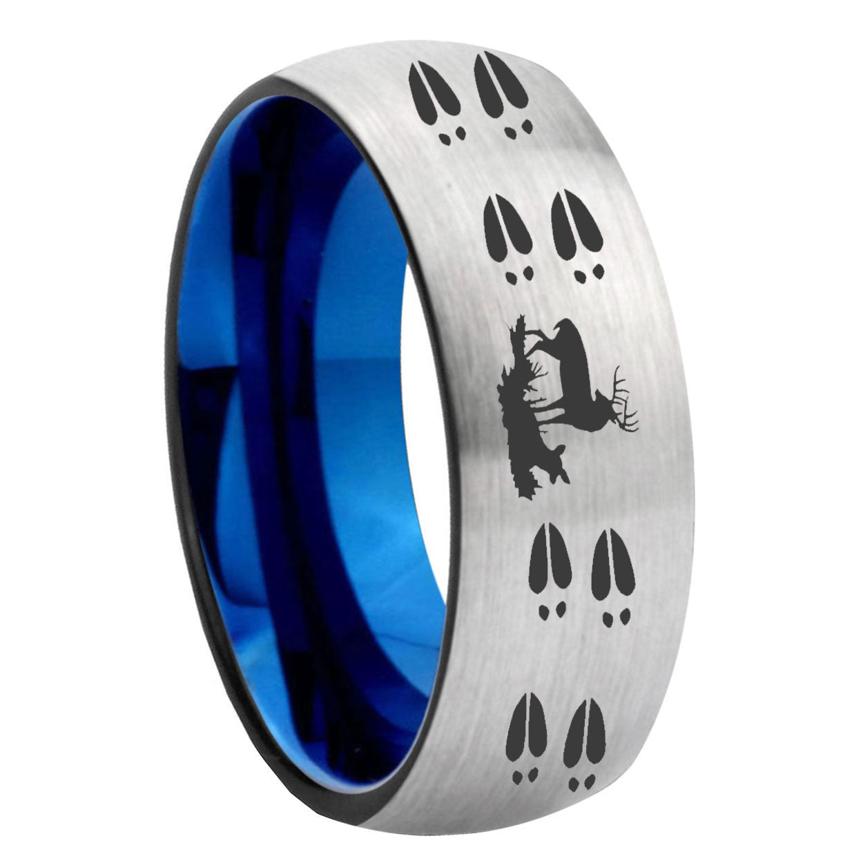 8MM Deer Hunting Tracks Dome Blue Gray Tungsten Rings For Men