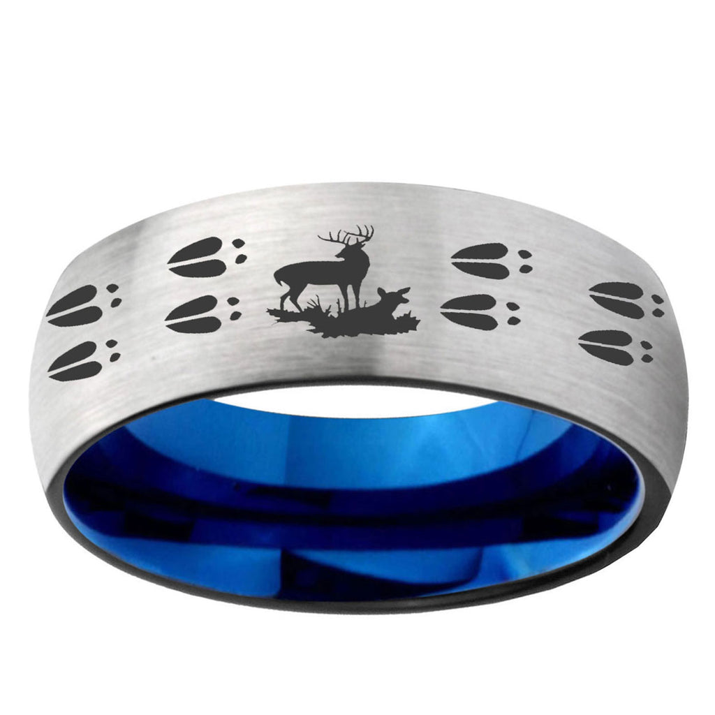 6MM Deer Hunting Tracks Dome Gray And Blue Tungsten Carbide Men's Band