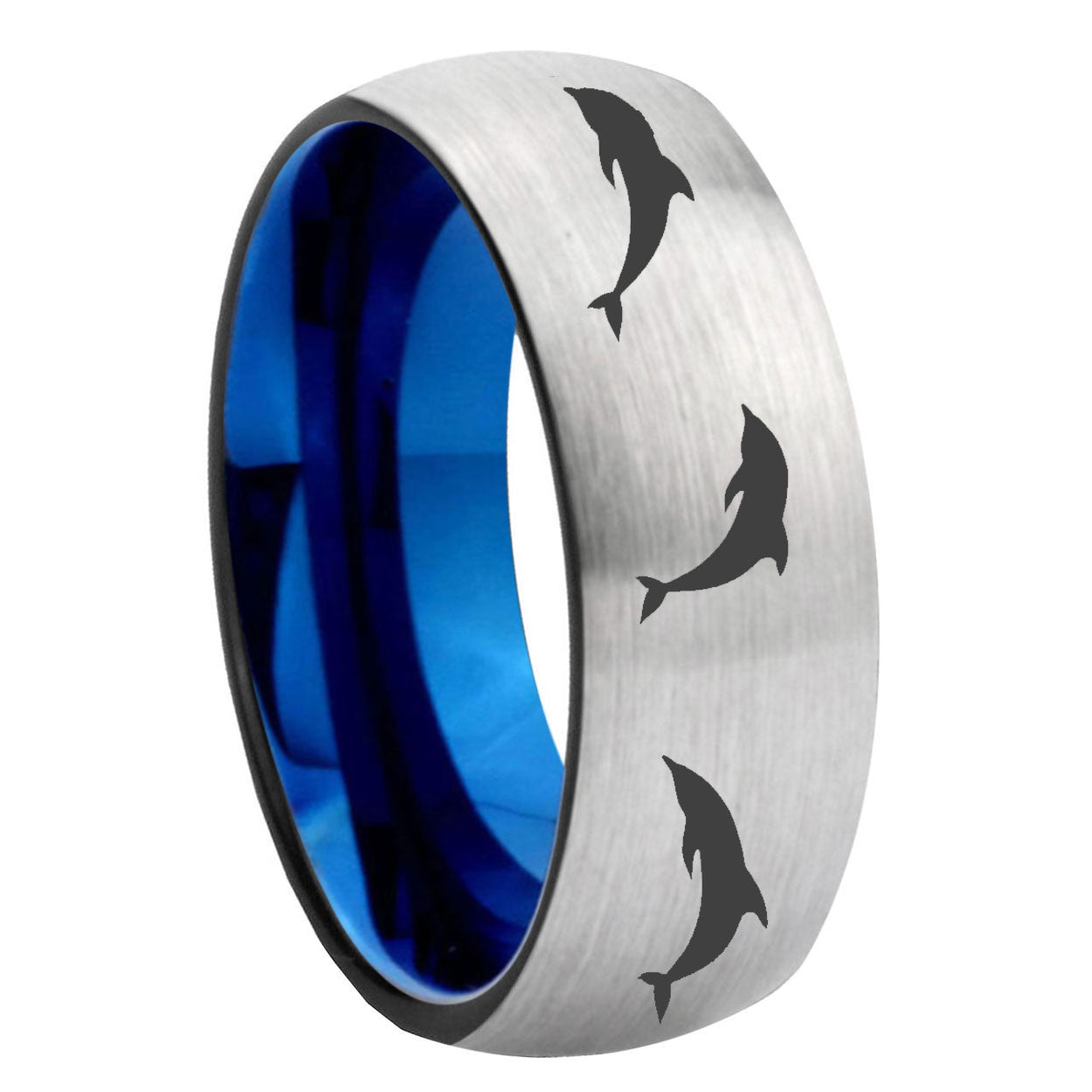 8MM Dolphins Dome Blue Gray Tungsten Rings For Men