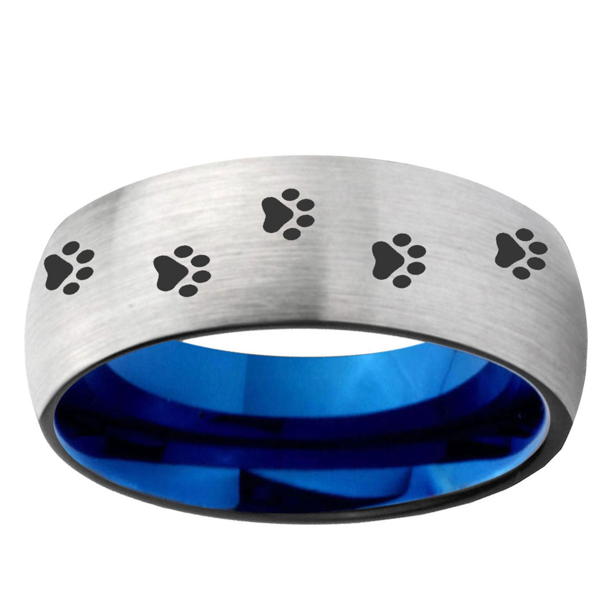 6, 8mm Paw Print Dome Tungsten Carbide Silver Blue Wedding Band Mens