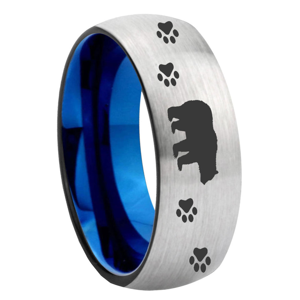 8MM Bear and Paw Dome Blue Gray Tungsten Rings For Men
