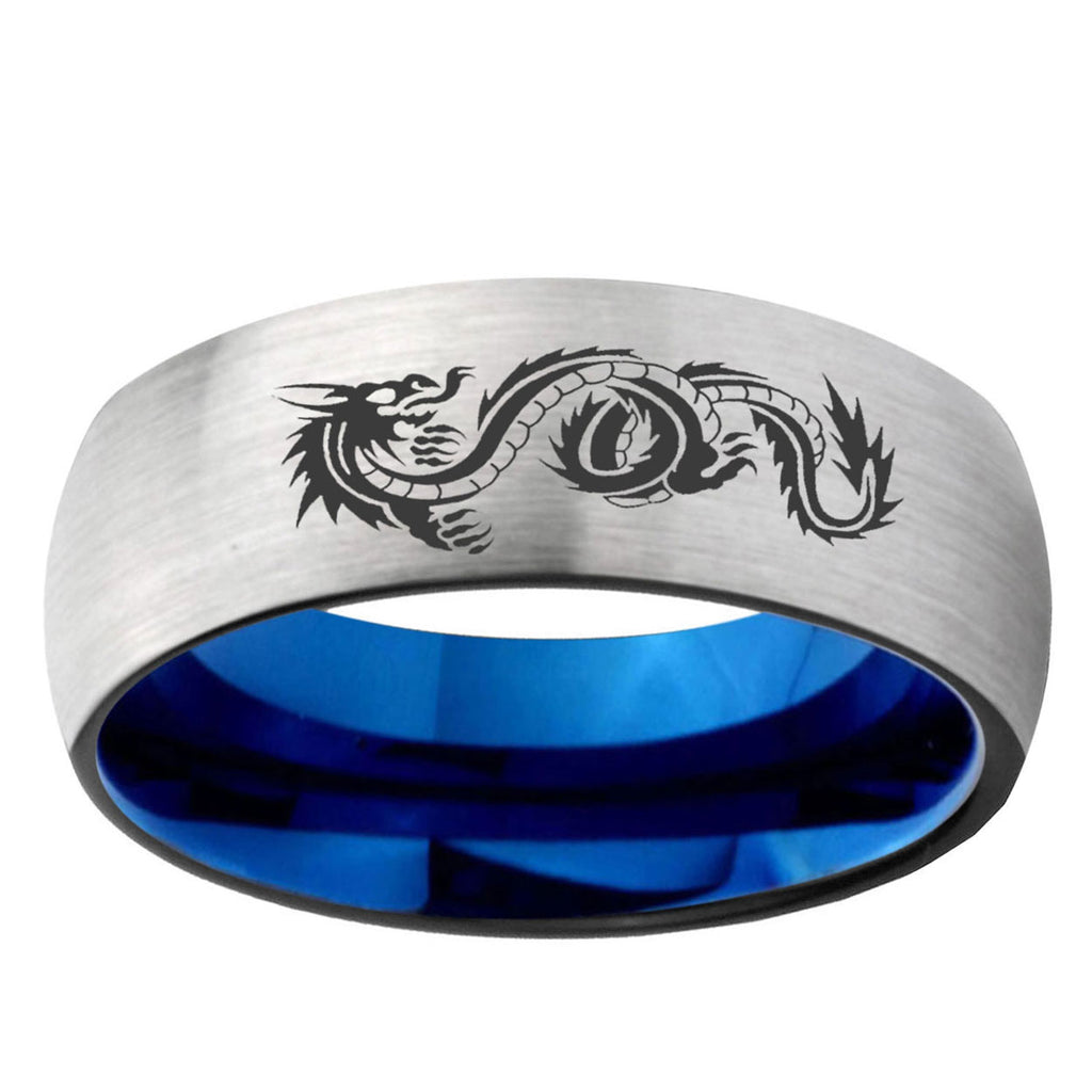 6MM Dragon Dome Gray And Blue Tungsten Carbide Engraved Ring