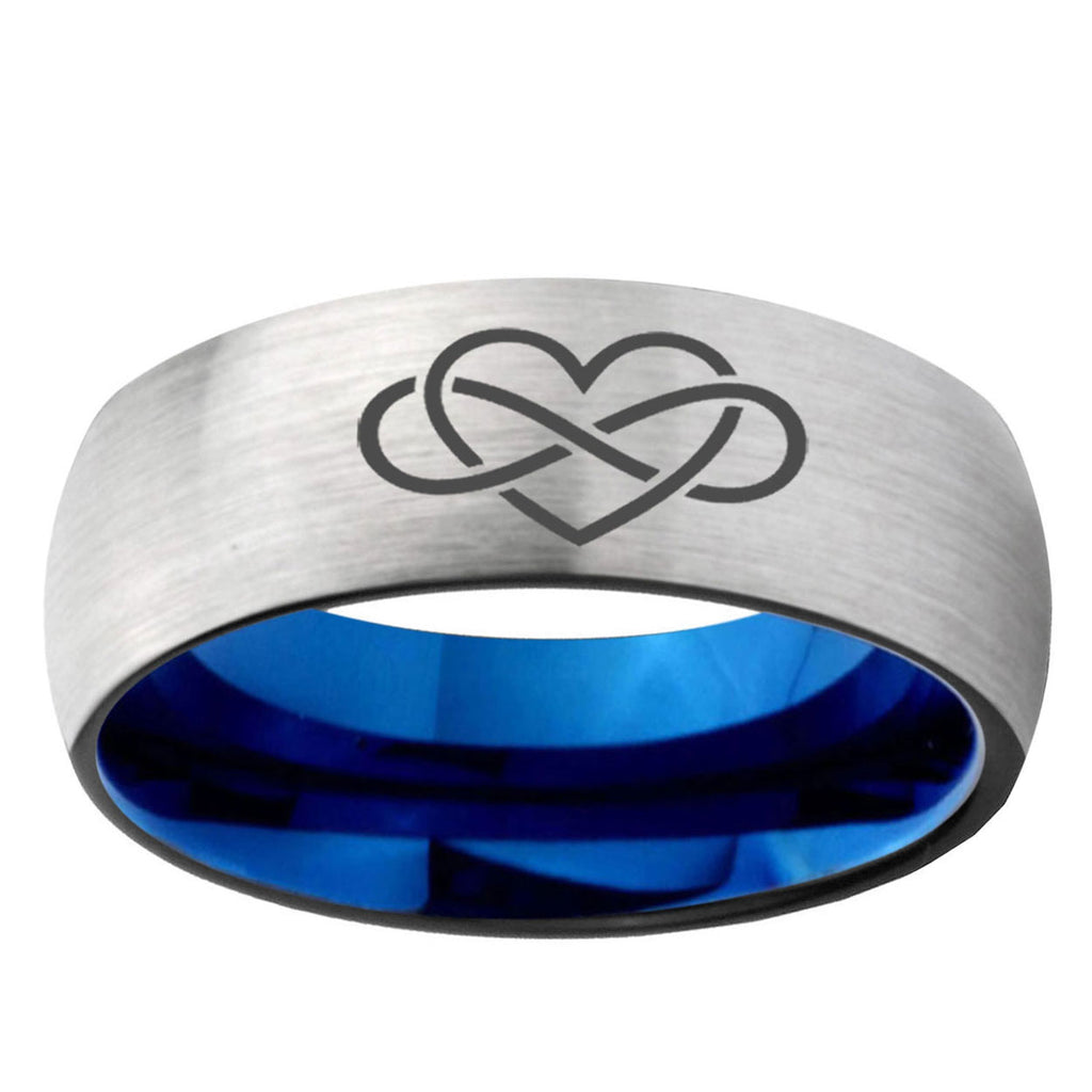 6, 8mm Infinity Love Dome Tungsten Carbide Silver Blue Wedding Band Mens
