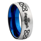 8mm Irish Claddagh Dome Tungsten Carbide Silver Blue Wedding Band Mens