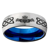 6, 8mm Irish Claddagh Dome Tungsten Carbide Silver Blue Wedding Band Mens