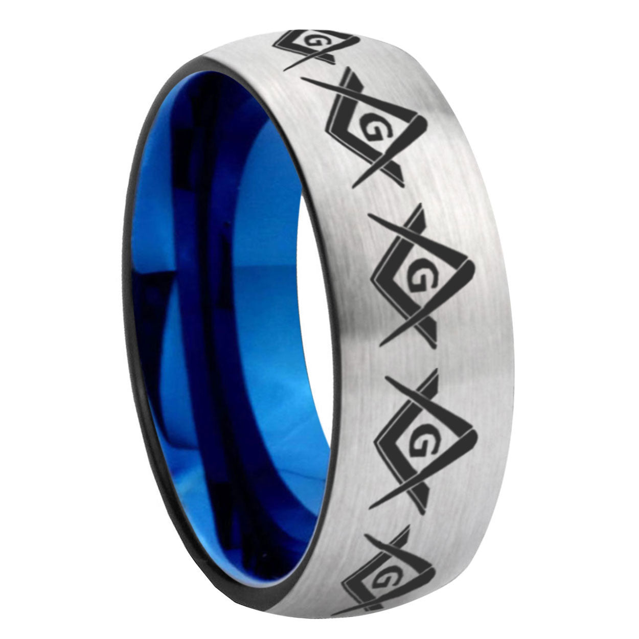 8MM Masonic Square and Compass Dome Blue Gray Tungsten Band