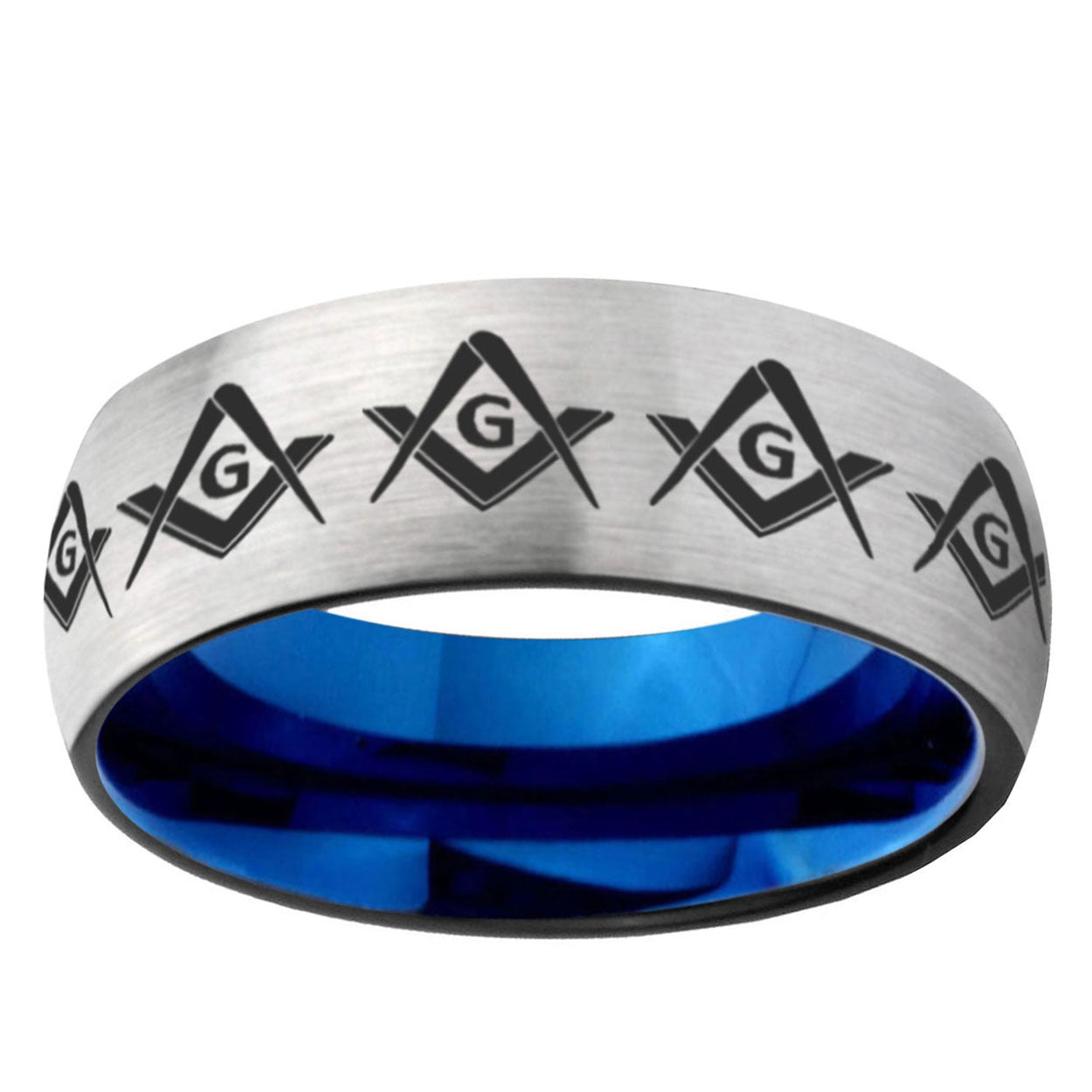 6MM Masonic Square and Compass Dome Gray And Blue Tungsten Carbide Engagement Ring