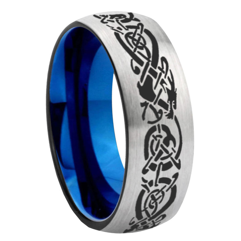 8MM Celtic Knot Dragon Dome Blue Gray Tungsten Wedding Band