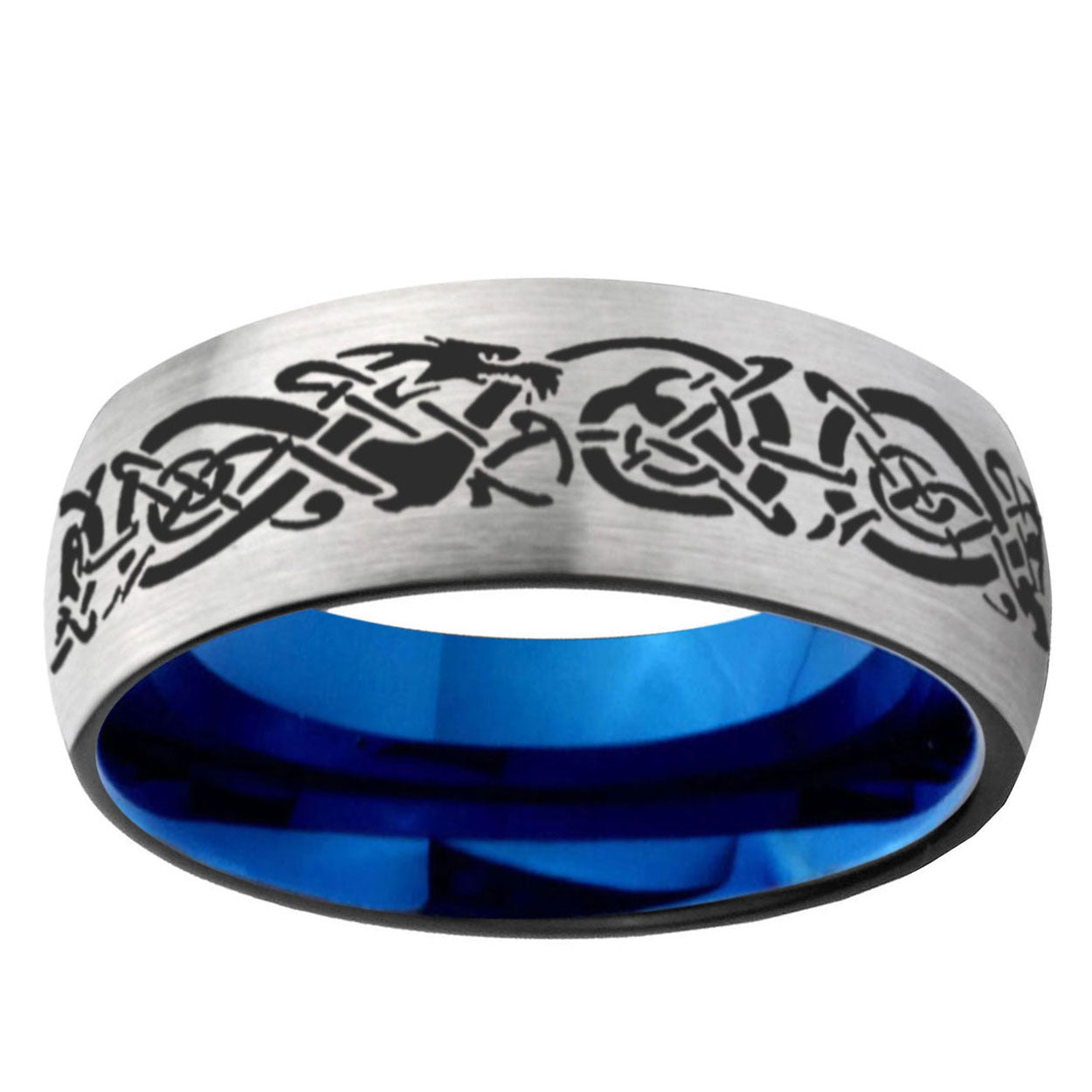 6MM Celtic Knot Dragon Dome Gray And Blue Tungsten Carbide Wedding Bands
