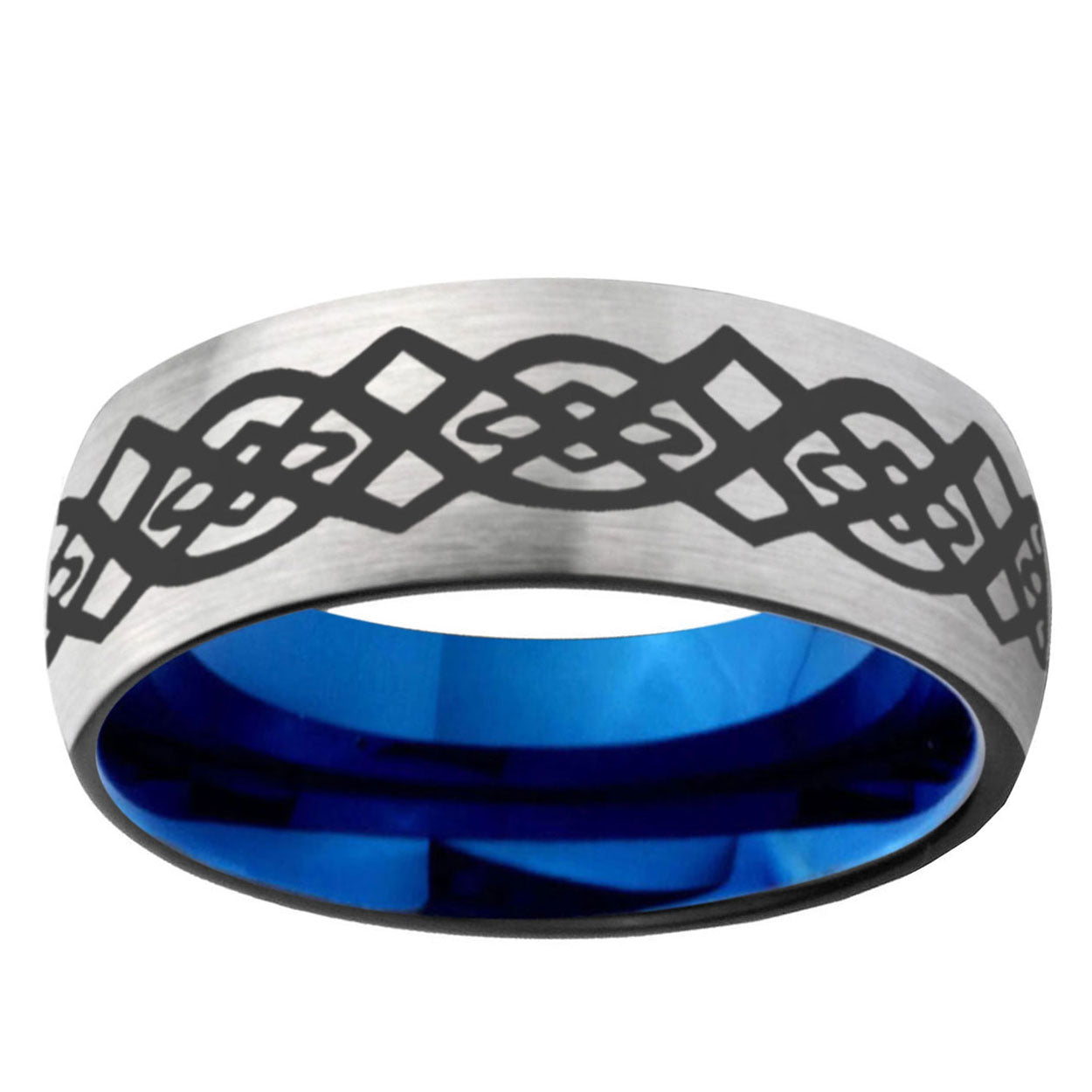 6MM Celtic Knot Dome Gray And Blue Tungsten Carbide Engraved Ring