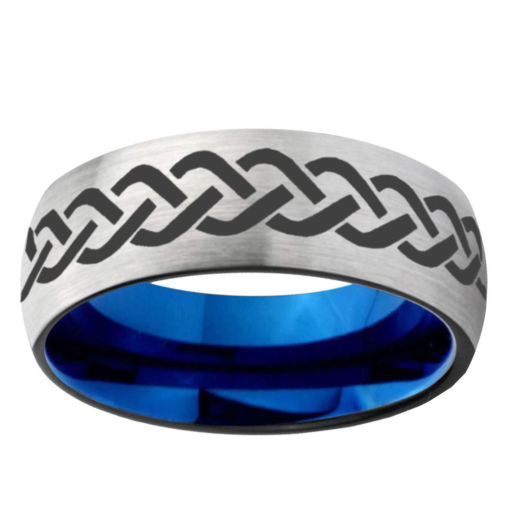 6MM Laser Celtic Knot Dome Gray And Blue Tungsten Carbide Engagement Ring