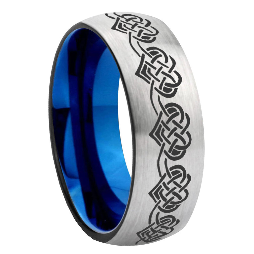 8MM Celtic Knot Heart Dome Blue Gray Tungsten Engravable Ring