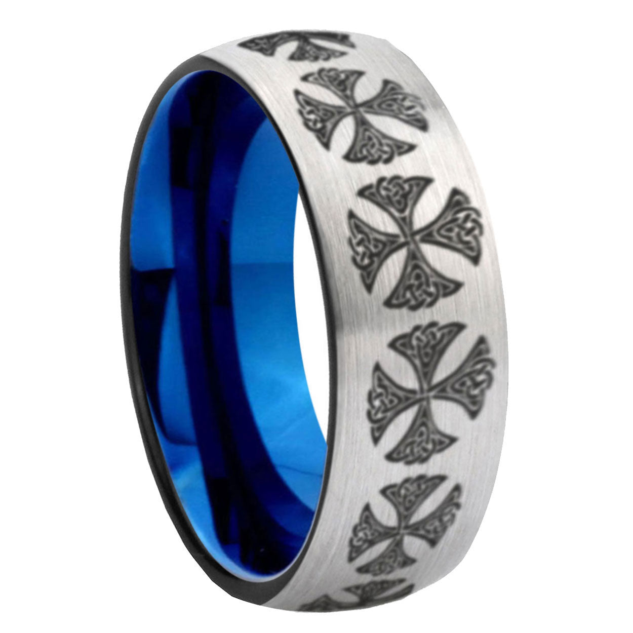 8MM Medieval Cross Dome Blue Gray Tungsten Wedding Band For Men