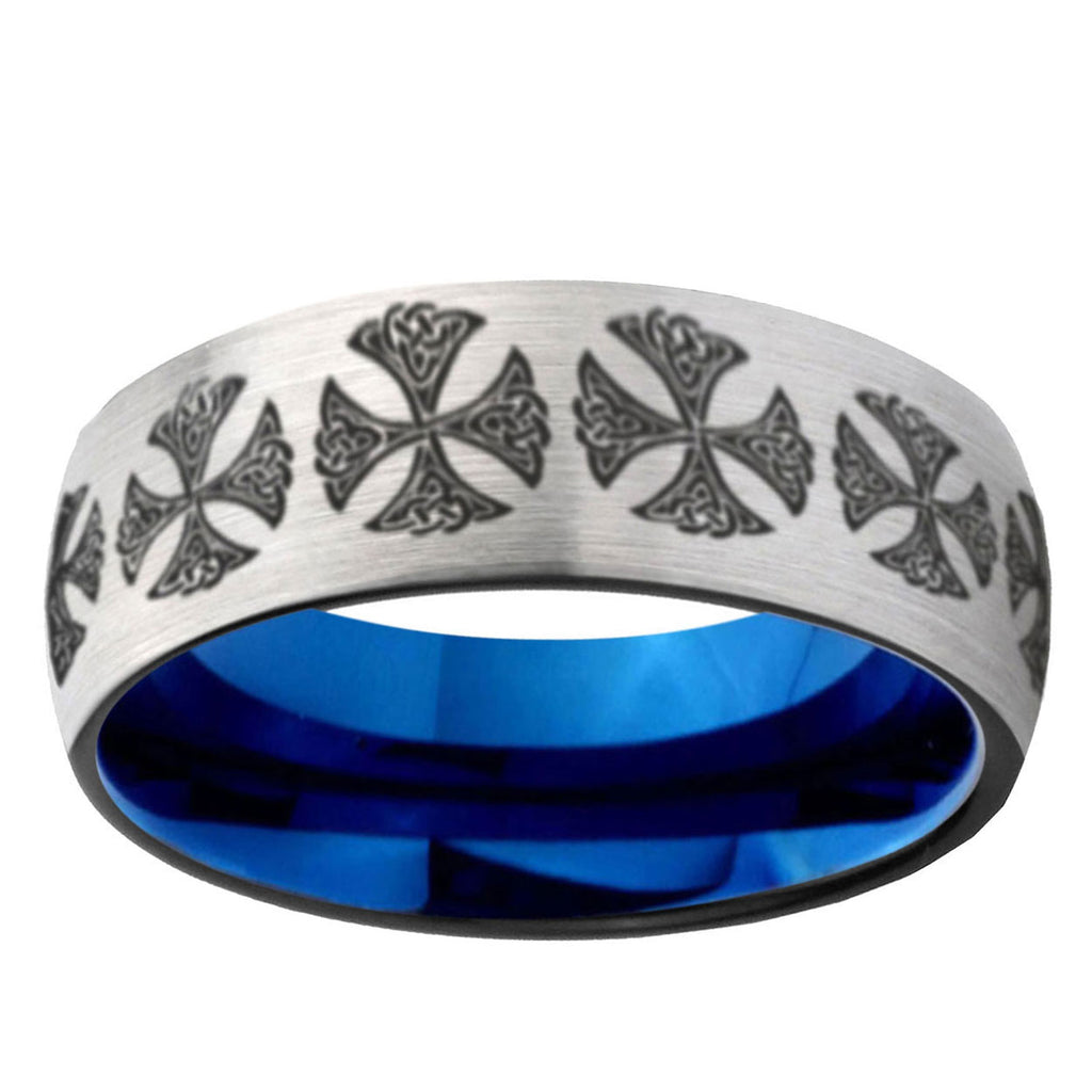 6MM Medieval Cross Dome Gray And Blue Tungsten Carbide Engagement Ring