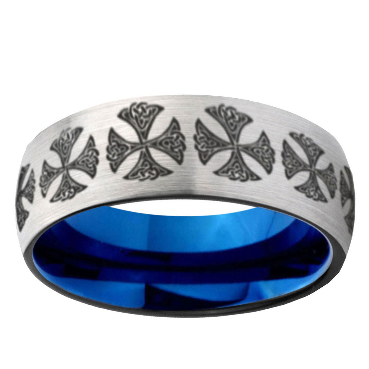 6MM Medieval Cross Dome Gray And Blue Tungsten Carbide Engagement Ring