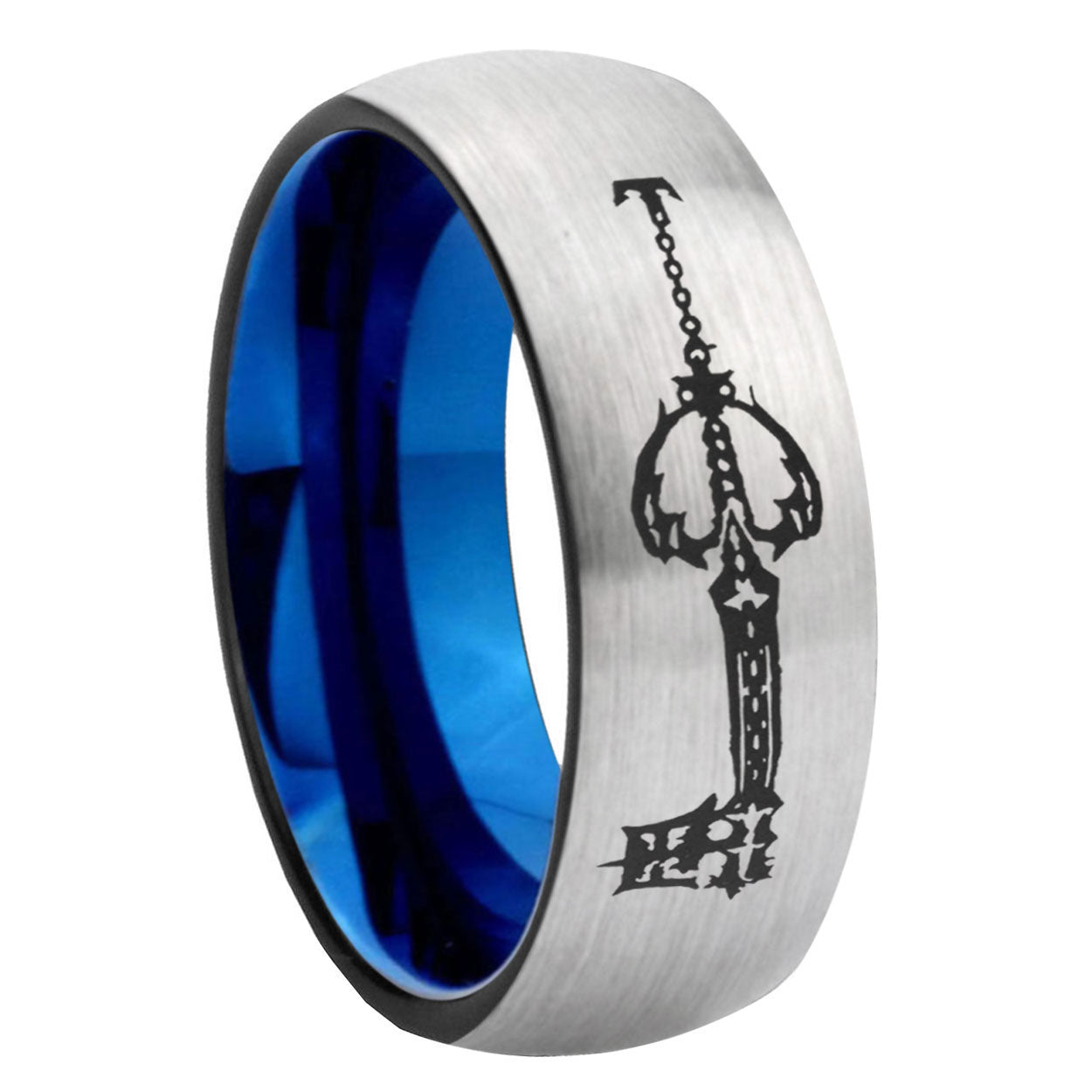 8MM kingdom heart keyblades Dome Blue Gray Tungsten Wedding Band