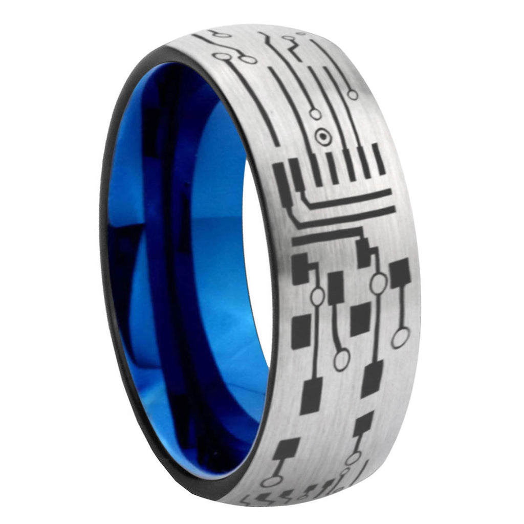 8MM Circuit Board Dome Blue Gray Tungsten Wedding Band