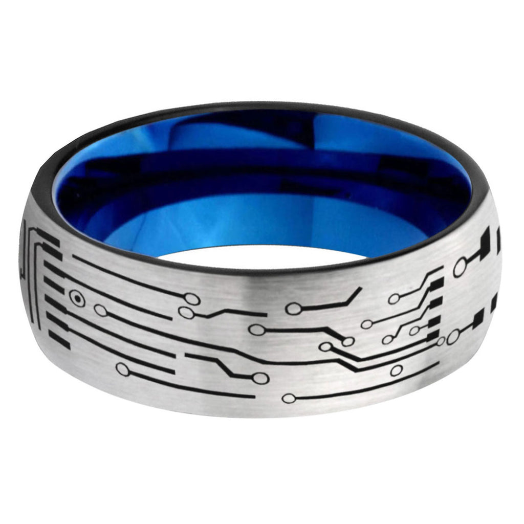 6, 8mm Circuit Board Dome Blue Silver Manly Rings
