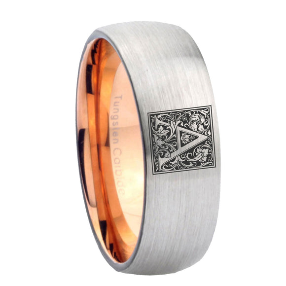 8mm-Dome-Silver-and-Rose-Gold-Tungsten-Floral-Initial-Letter-A,-Monogram-Ring