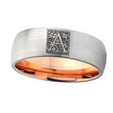 8mm-Dome-Silver-and-Rose-Gold-Tungsten-Floral-Initial-Letter-A,-Monogram-Ring