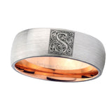 8mm-Dome-Silver-and-Rose-Gold-Tungsten-Floral-Initial-Letter-S,-Monogram-Ring