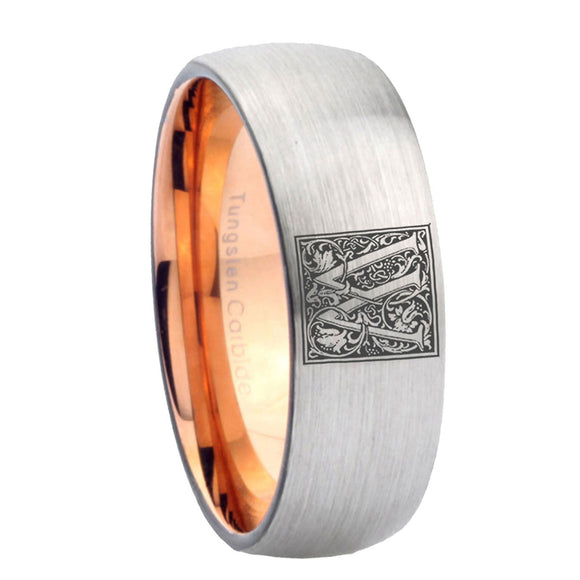 8mm-Dome-Silver-and-Rose-Gold-Tungsten-Floral-Initial-Letter-W,-Monogram-Ring