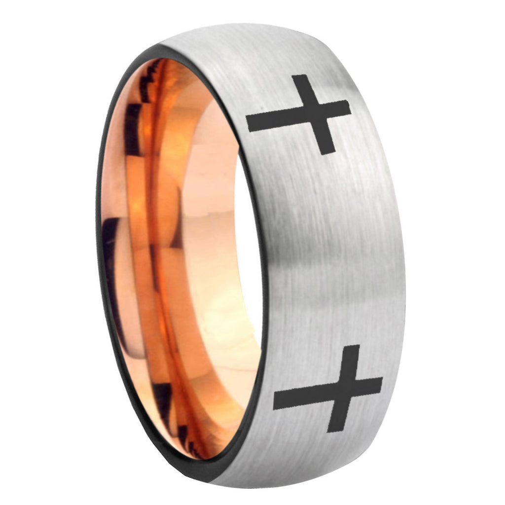 8MM Crosses Dome Rose Gold Gray Tungsten Ring For Man