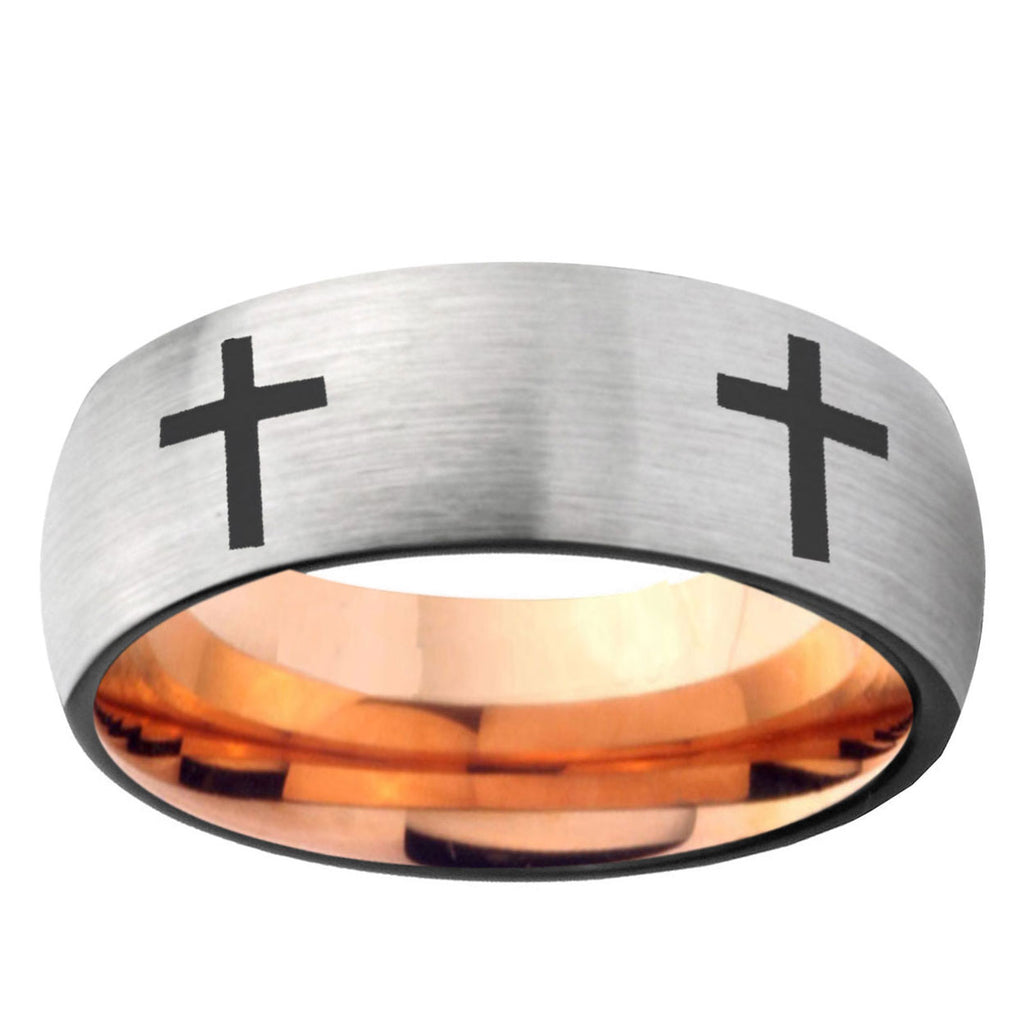 6MM Crosses Dome Gray And Rose Gold Tungsten Carbide Men's Wedding Ring