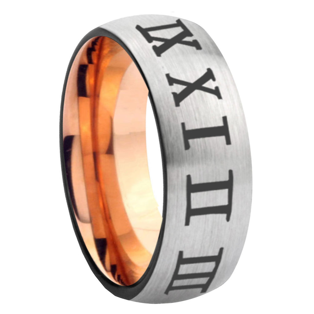 8MM Roman Numeral Dome Rose Gold Gray Tungsten Custom Ring