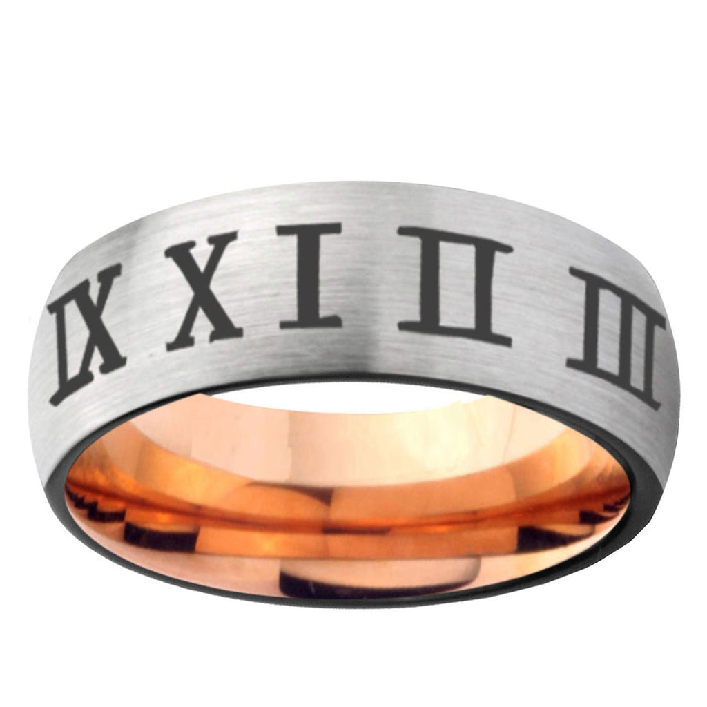 6MM Roman Numeral Dome Gray And Rose Gold Tungsten Carbide Custom Ring