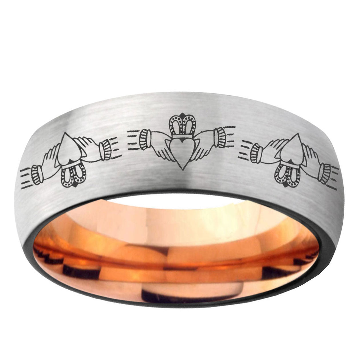 6MM Irish Claddagh Dome Gray And Rose Gold Tungsten Carbide Engagement Band