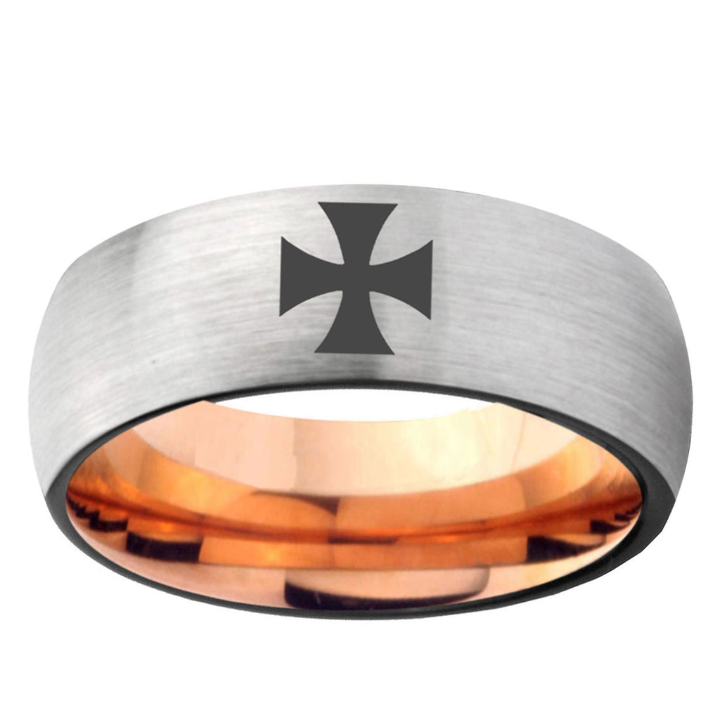 6MM Maltese Cross Dome Gray And Rose Gold Tungsten Carbide Ring for Men