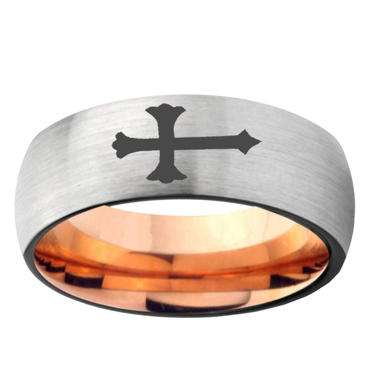 6MM Christian Cross Dome Gray And Rose Gold Tungsten Carbide Wedding Bands