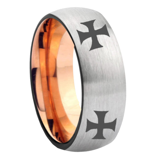 8MM 4 Maltese Cross Dome Rose Gold Gray Tungsten Ring