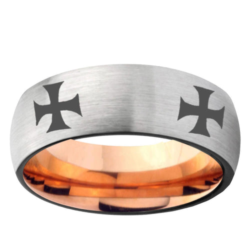 6MM 4 Maltese Cross Dome Gray And Rose Gold Tungsten Carbide Men's Ring
