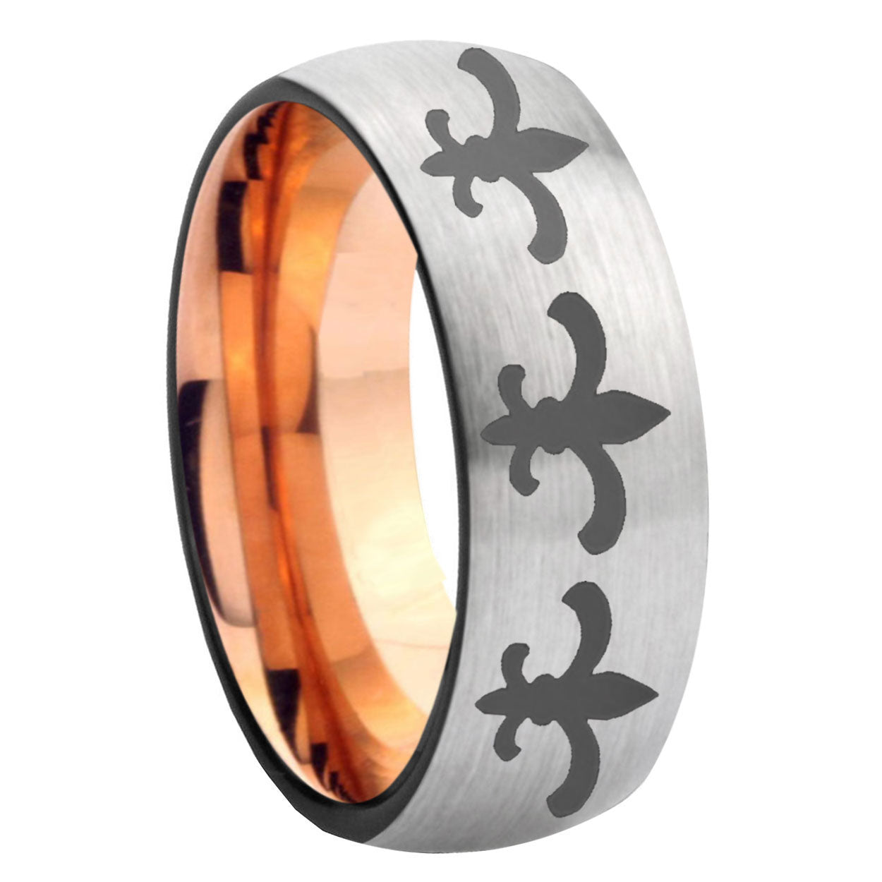 8MM Multiple Fleur-De-Lis Dome Rose Gold Gray Tungsten Custom Ring