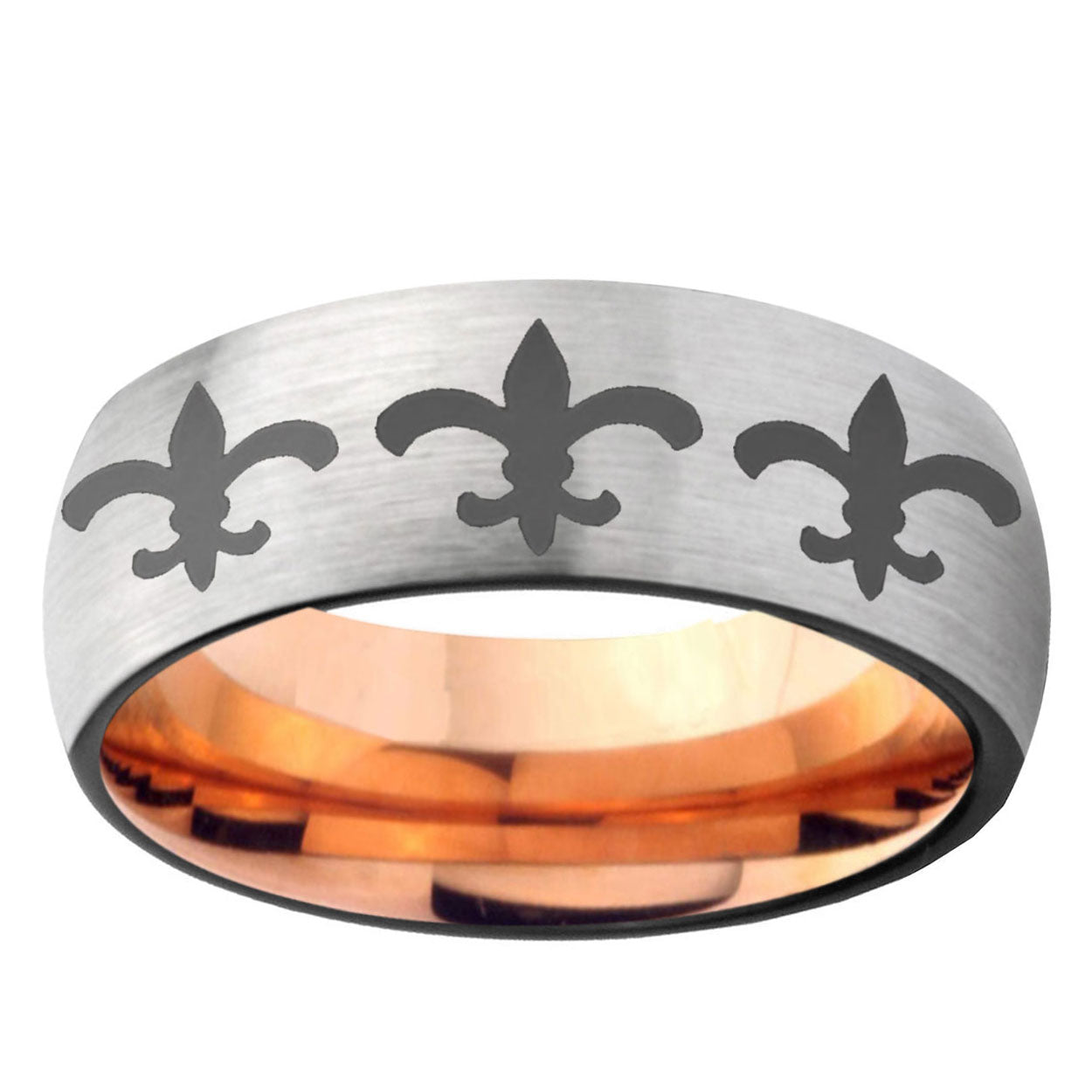 6MM Multiple Fleur-De-Lis Dome Gray And Rose Gold Tungsten Carbide Men's Ring