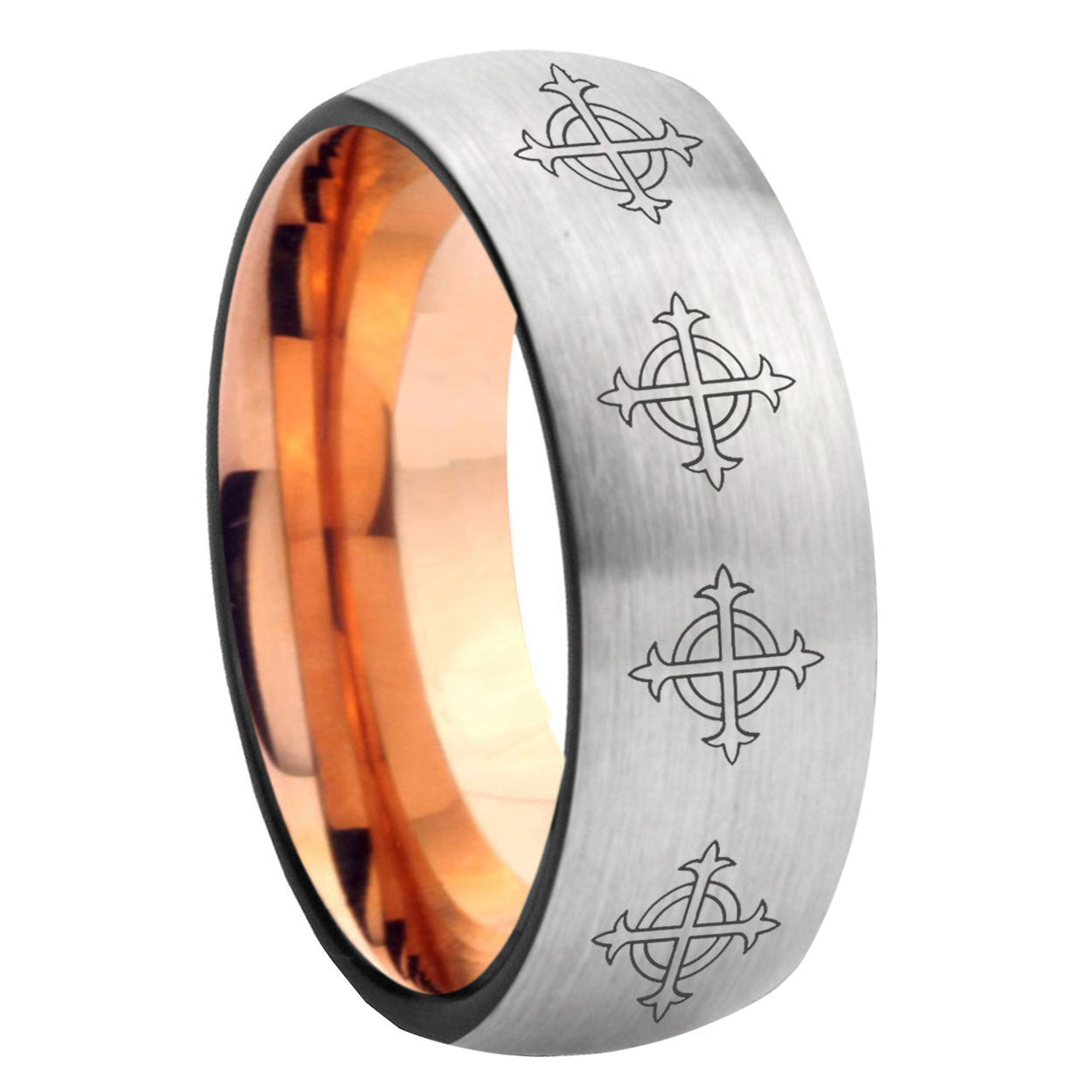 8MM Multiple Crosses Dome Rose Gold Gray Tungsten Male Wedding Band