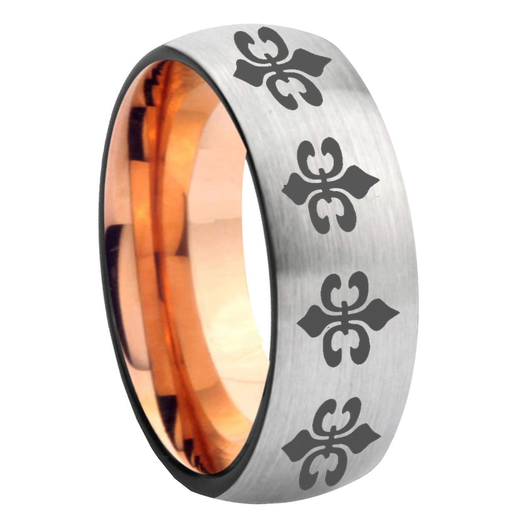 8MM Multiple Fleur Delis Dome Rose Gold Gray Tungsten Band For Men