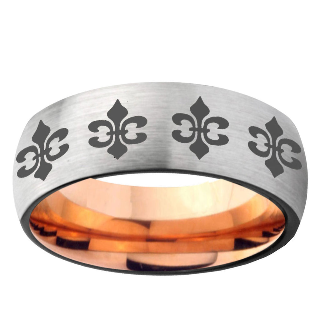 6MM Multiple Fleur-De-Lis Dome Gray And Rose Gold Tungsten Carbide Wedding Band Ring