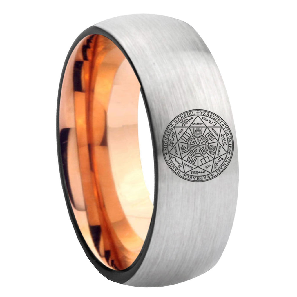 8MM Seal of Seven Dome Rose Gold Gray Tungsten Mens Casual Ring
