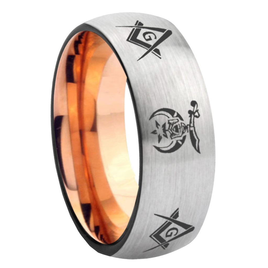 8MM Masonic Shriners Dome Rose Gold Gray Tungsten Wedding Band Men