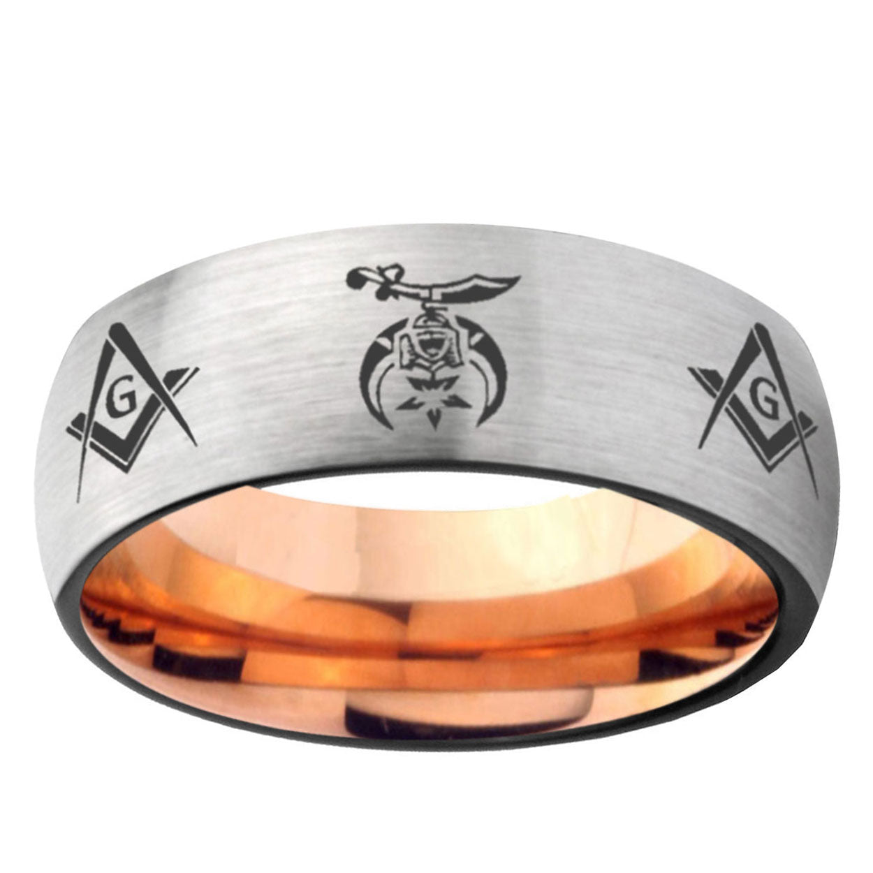 6MM Masonic Shriners Dome Gray And Rose Gold Tungsten Carbide Mens Ring Personalized