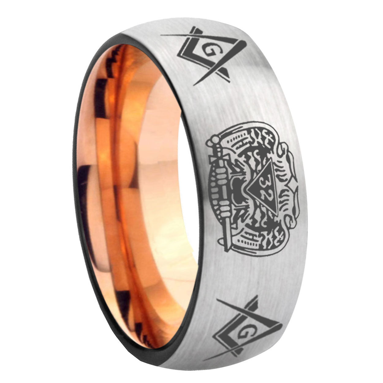 8MM Masonic 32 Design Dome Rose Gold Gray Tungsten Ring For Men