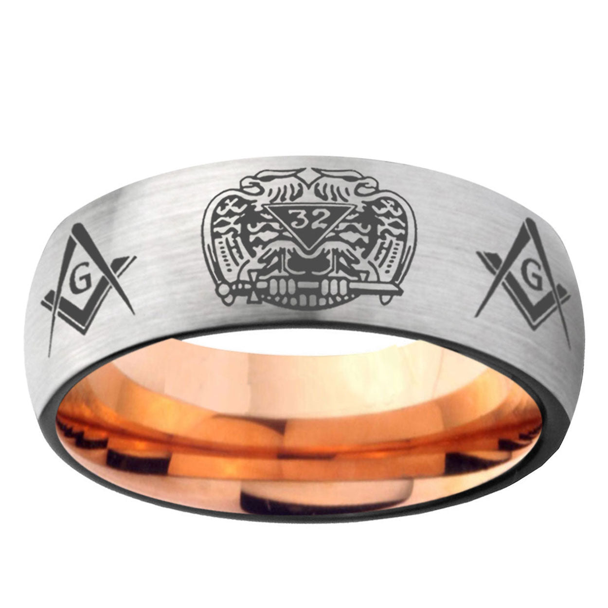 6MM Masonic 32 Design Dome Gray And Rose Gold Tungsten Carbide Engagement Band