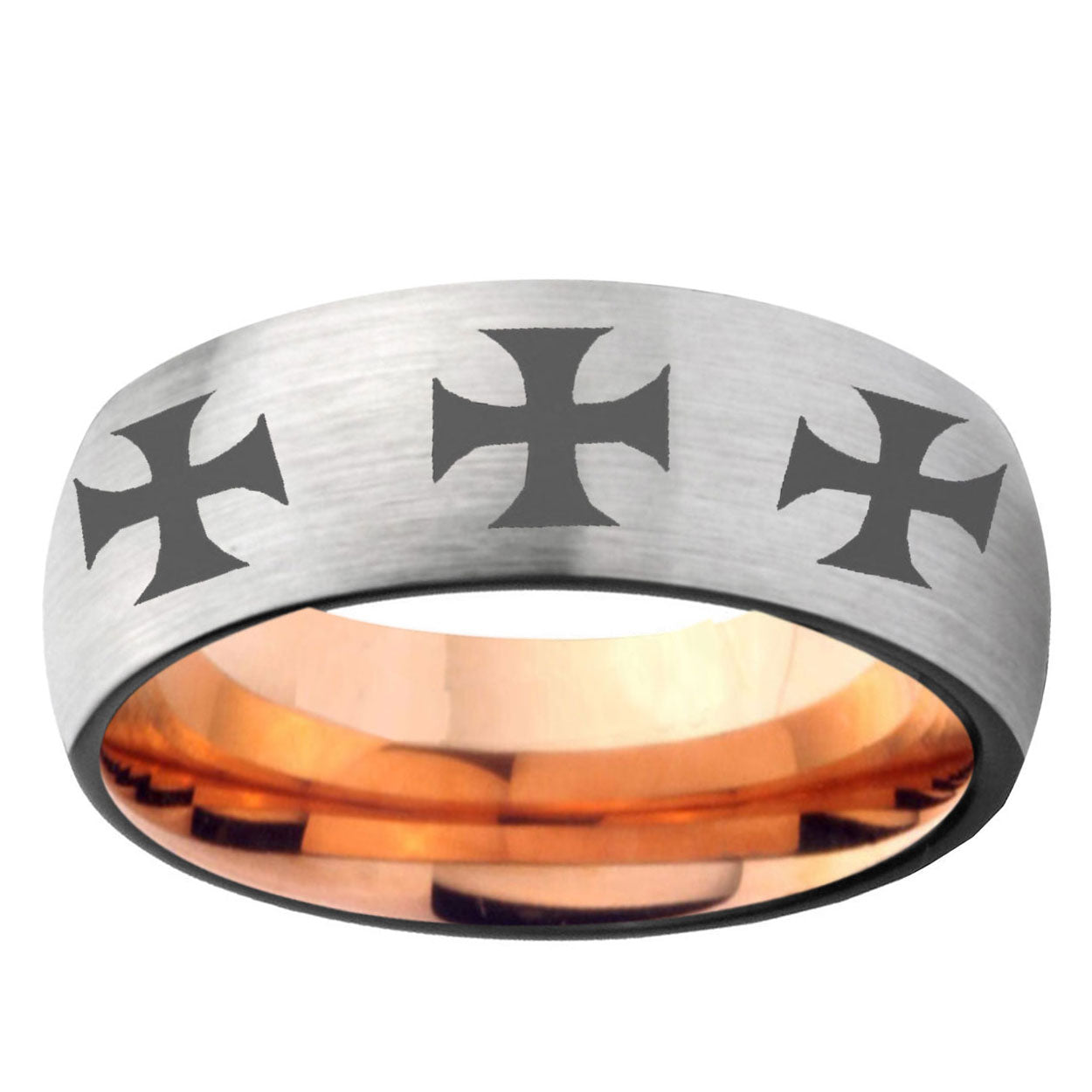 6MM Multiple Maltese Cross Dome Gray And Rose Gold Tungsten Carbide Men's Wedding Ring