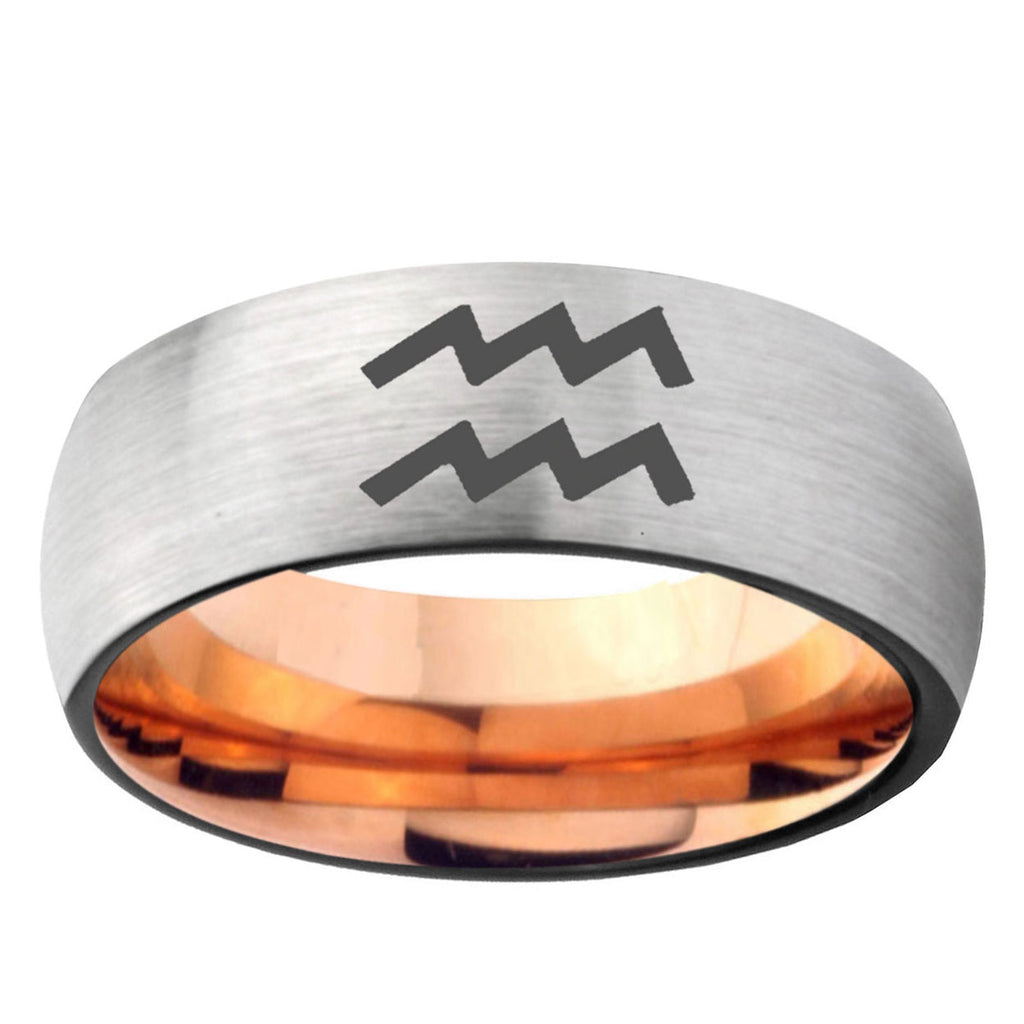 6MM Aquarius Horoscope Dome Gray And Rose Gold Tungsten Carbide Engraved Ring