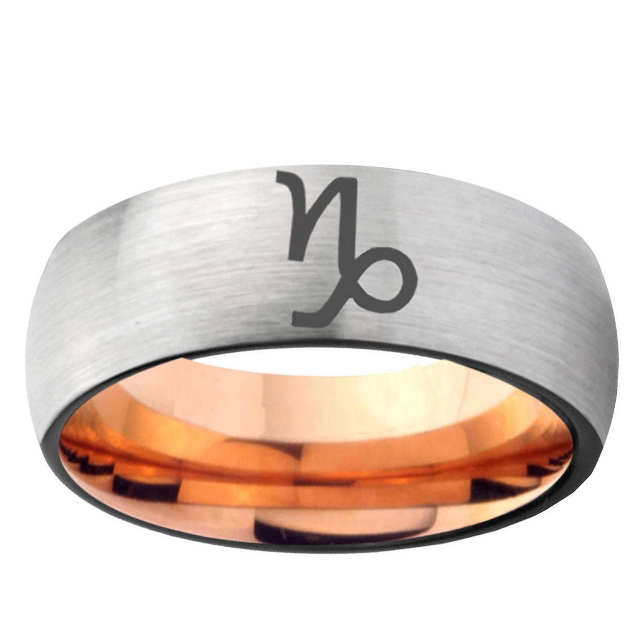 6MM Capricorn Zodiac Dome Gray And Rose Gold Tungsten Carbide Custom Ring