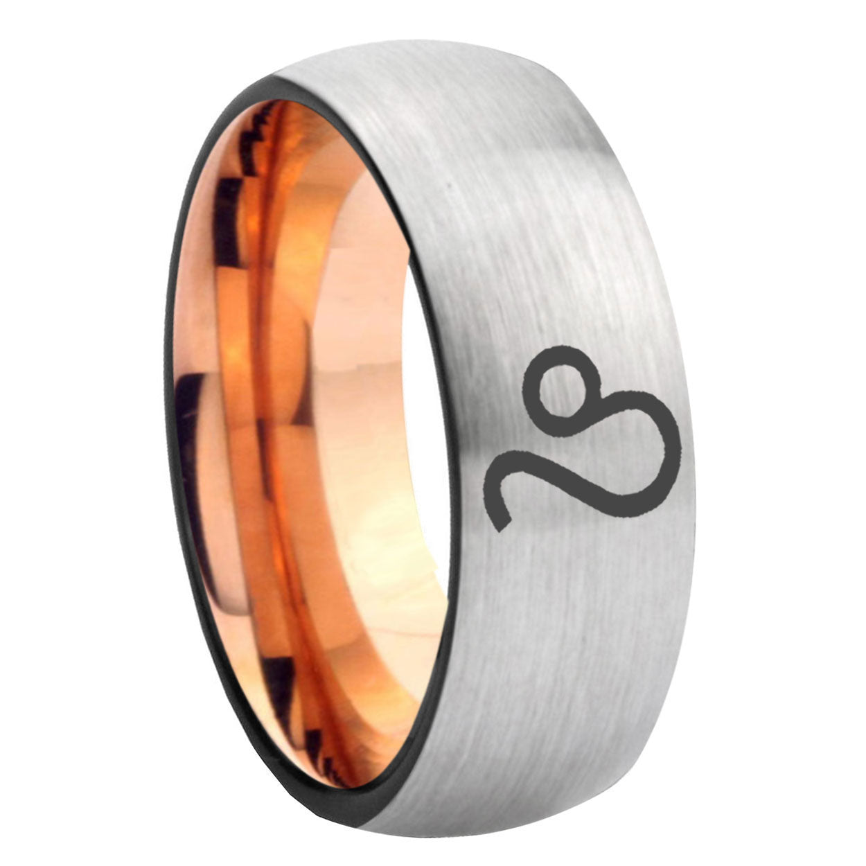 8MM Leo Zodiac Dome Rose Gold Gray Tungsten Mens Ring